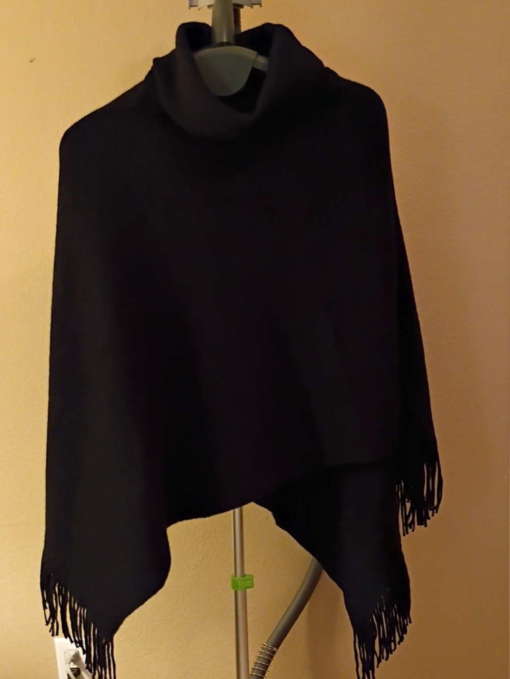 Women's Black Turtleneck Fringe Poncho - Classic Layering Wrap One Size